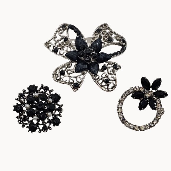 Silver-Toned Floral 3 Piece Set of Black/Silver Rhinestone Small Brooches